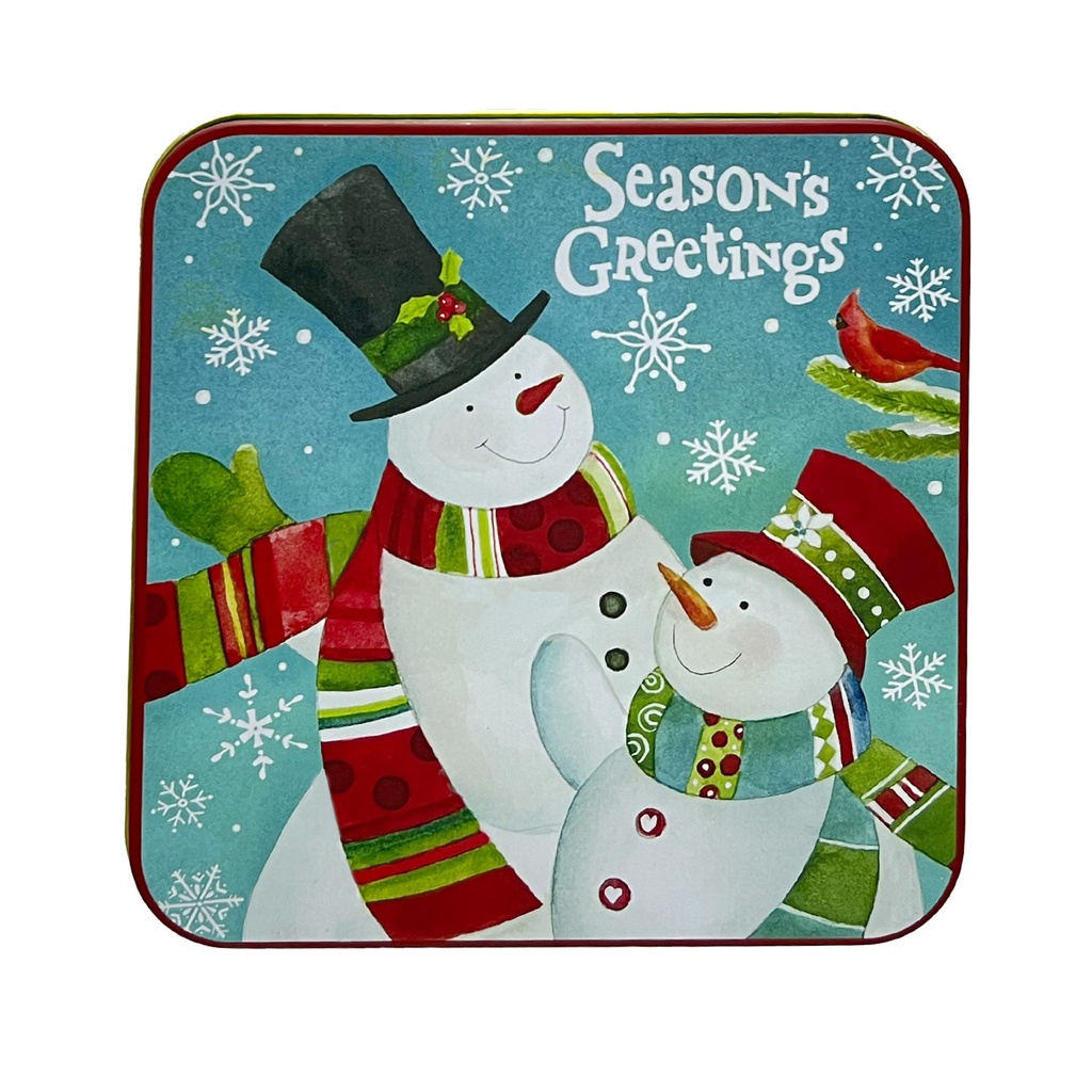 Caja lata navidad cuadrada mono nieve 13,8cm