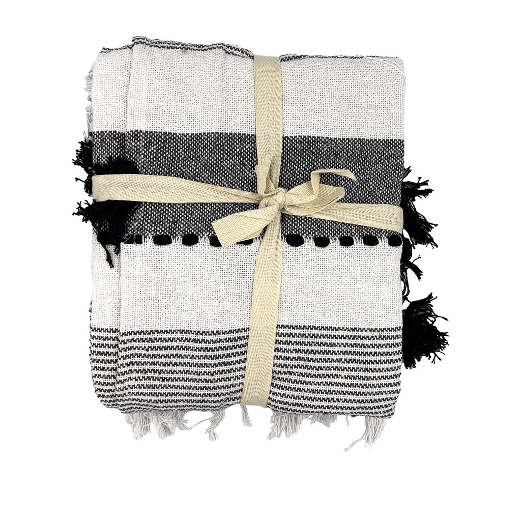 Manta 130x170cm boho pompones negros