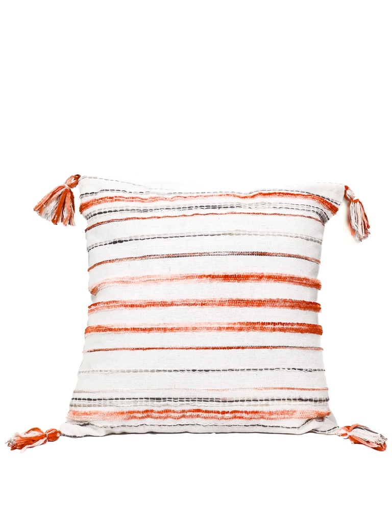 Cojín 45x45cm tejido bicolor naranjo con borlas