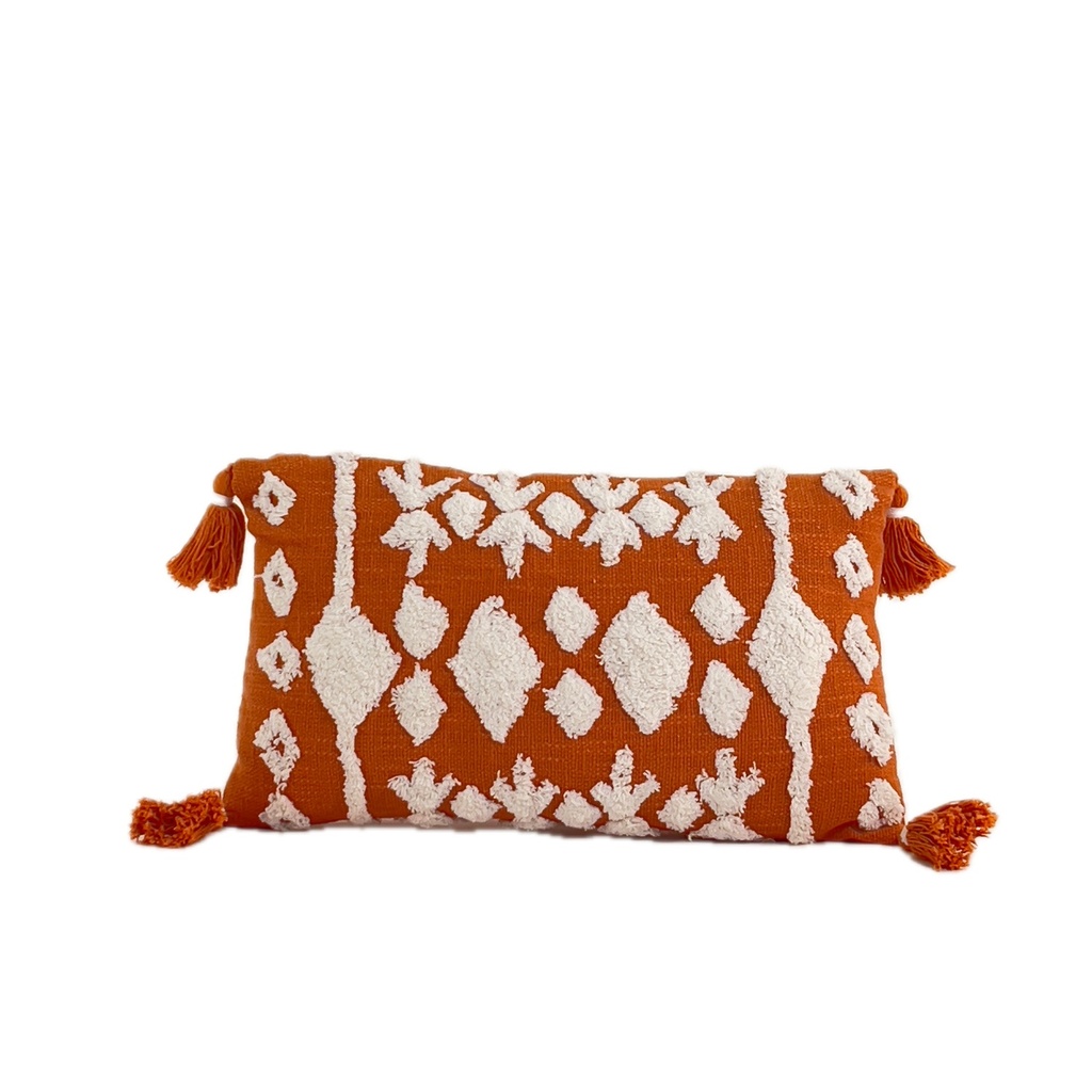 Cojín 30x50cm naranjo/blanco con borlas