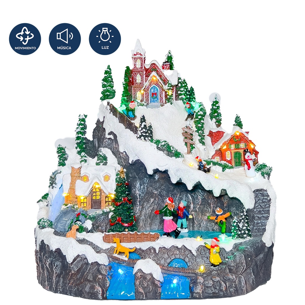 Casa navidad con luz y sonido 32cm montaña