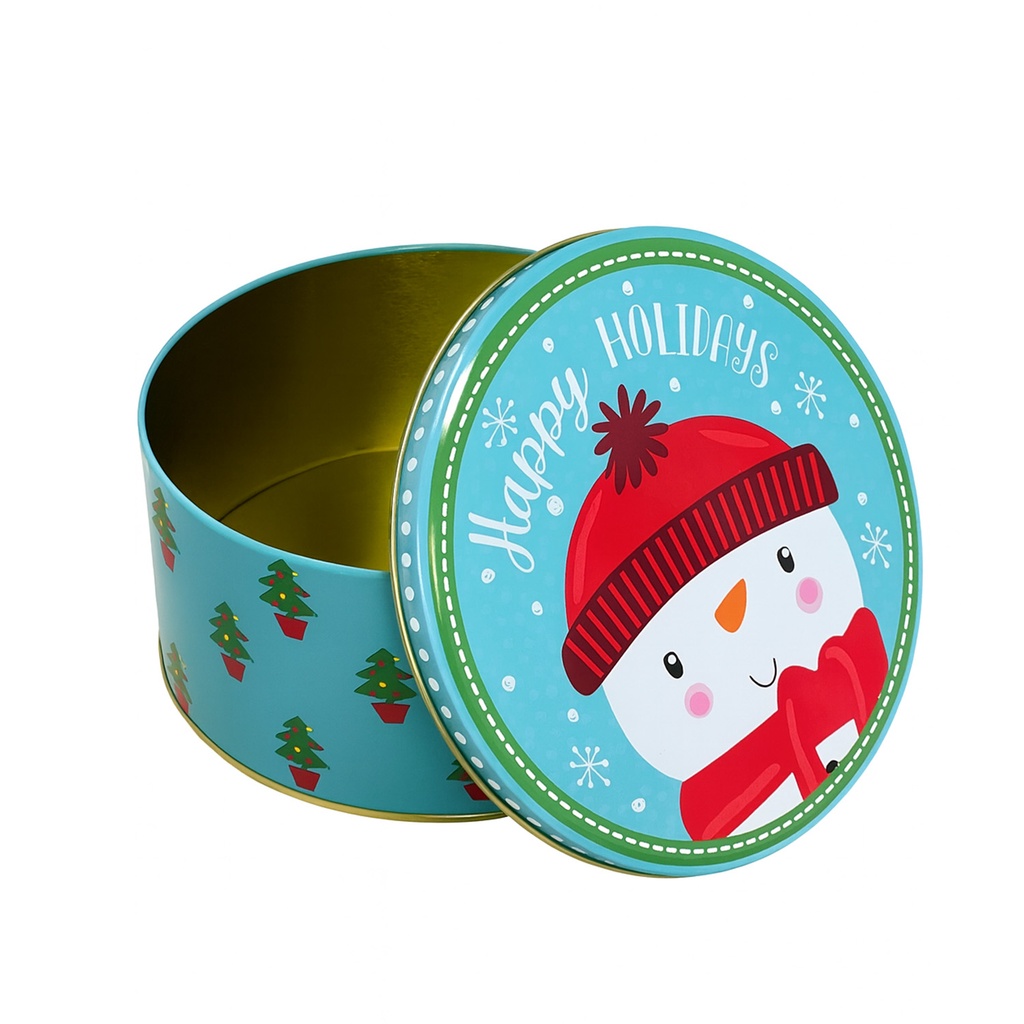 Caja lata navidad redonda pascuero celeste 17cm
