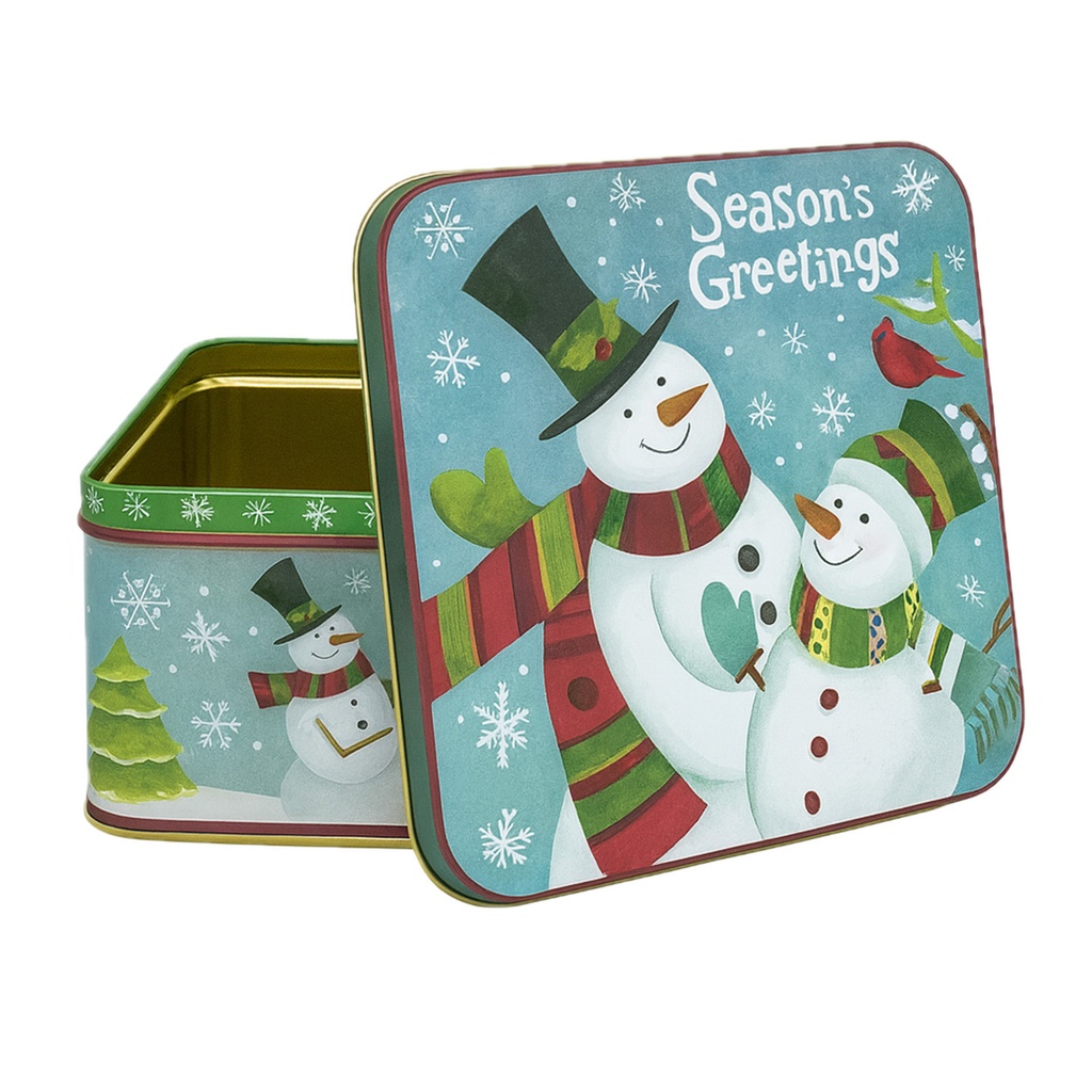 Caja lata navidad cuadrada mono nieve 13,8cm